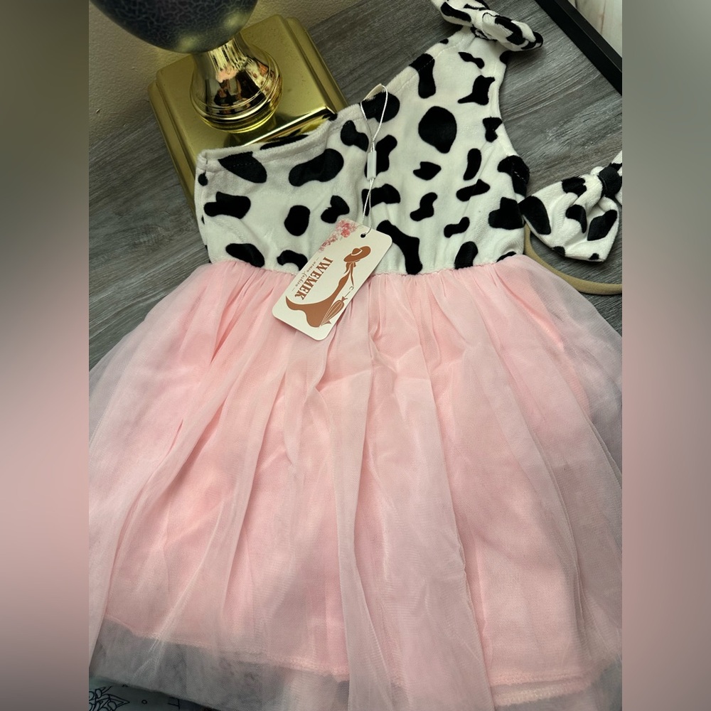 Elk Pink and Black Cow Print Kids Casual Dress